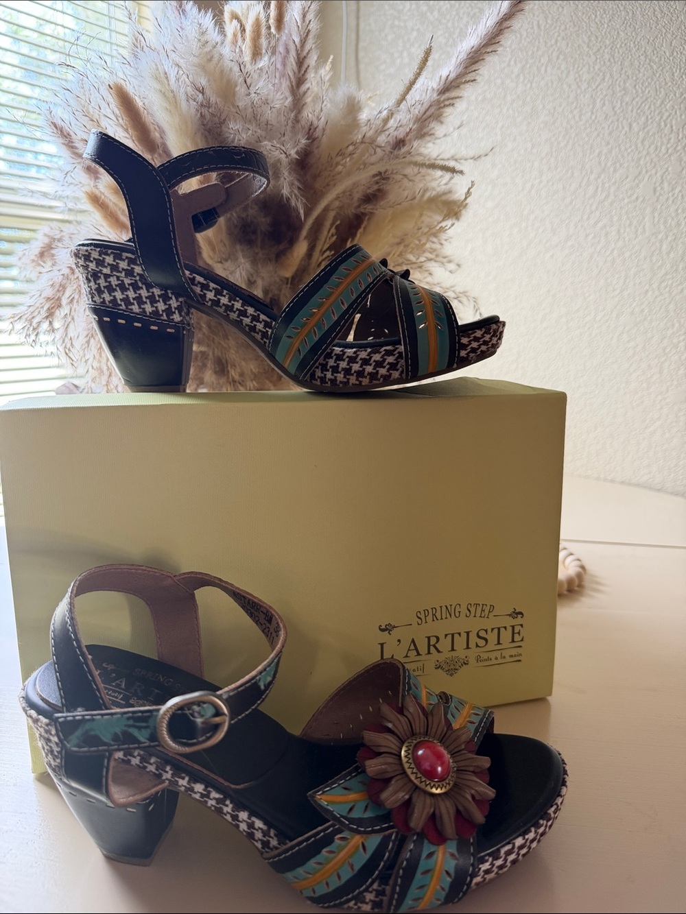 L'Artiste Teal, Black & Brown Floral-Accent Strappy Block Heel Sandals